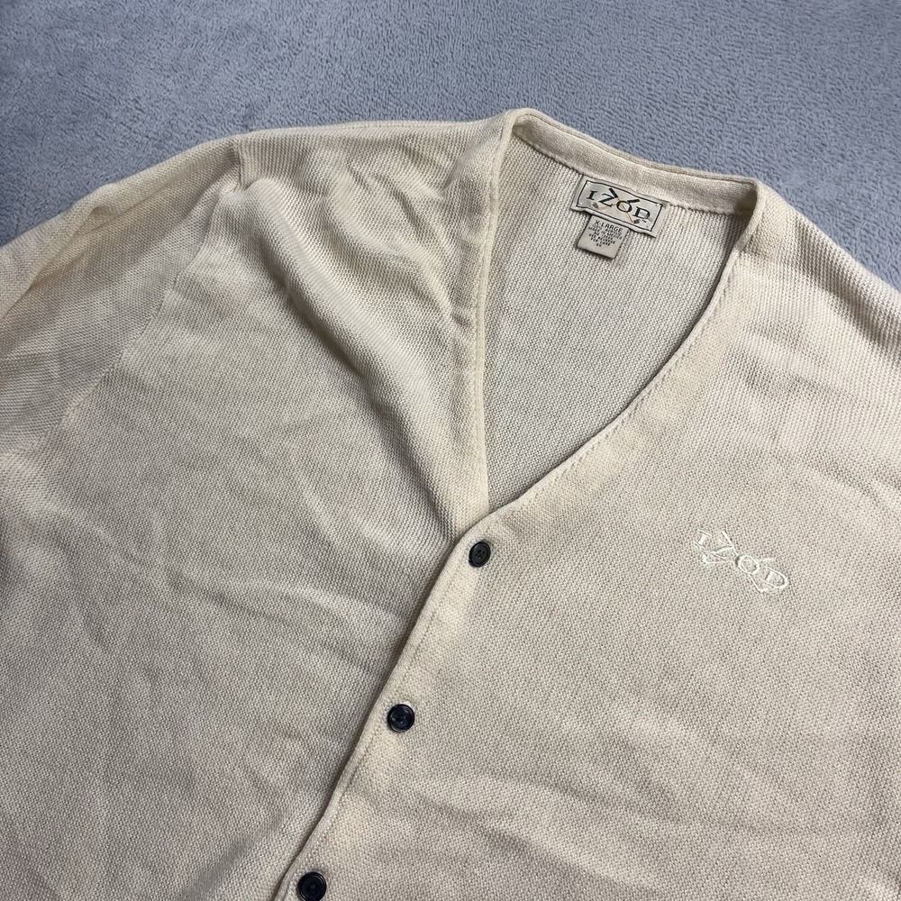 Vintage Izod Lacoste Sweater Mens XL Beige Acrylic Logo Cardigan Made in USA